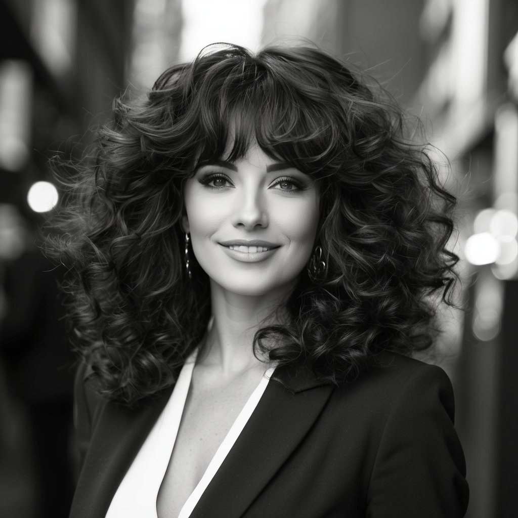 A woman with voluminous curly hair and face-framing curtain bangs, looking confident and stylish