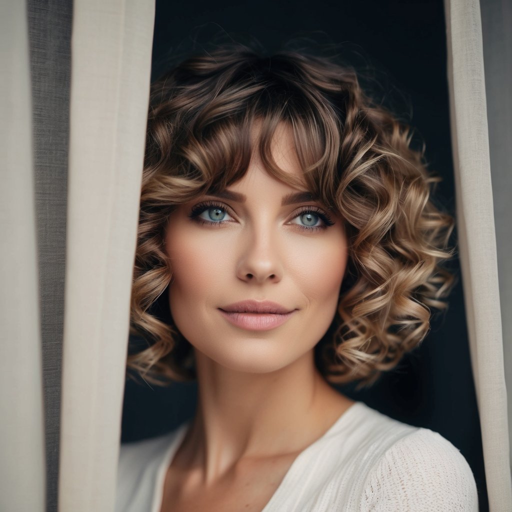 Medium-length curly hair cascading with soft curtain bangs framing the face