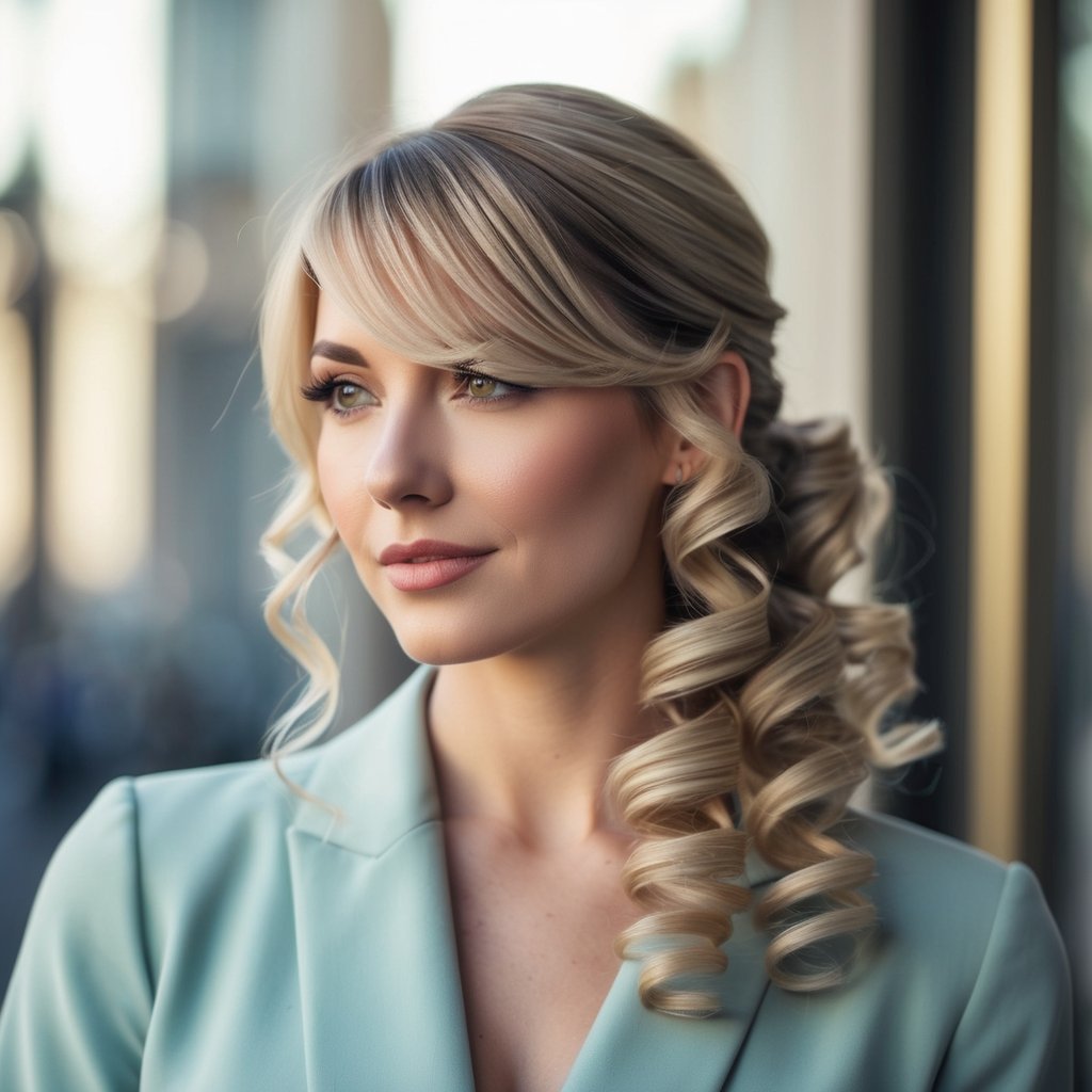 Soft spiral curls with side-swept curtain bangs cascading down, framing the face with effortless elegance