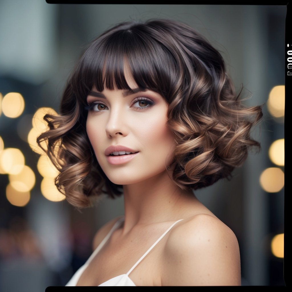 A woman with a short curly bob and bold curtain bangs, her hair cascading in loose, bouncy curls around her face