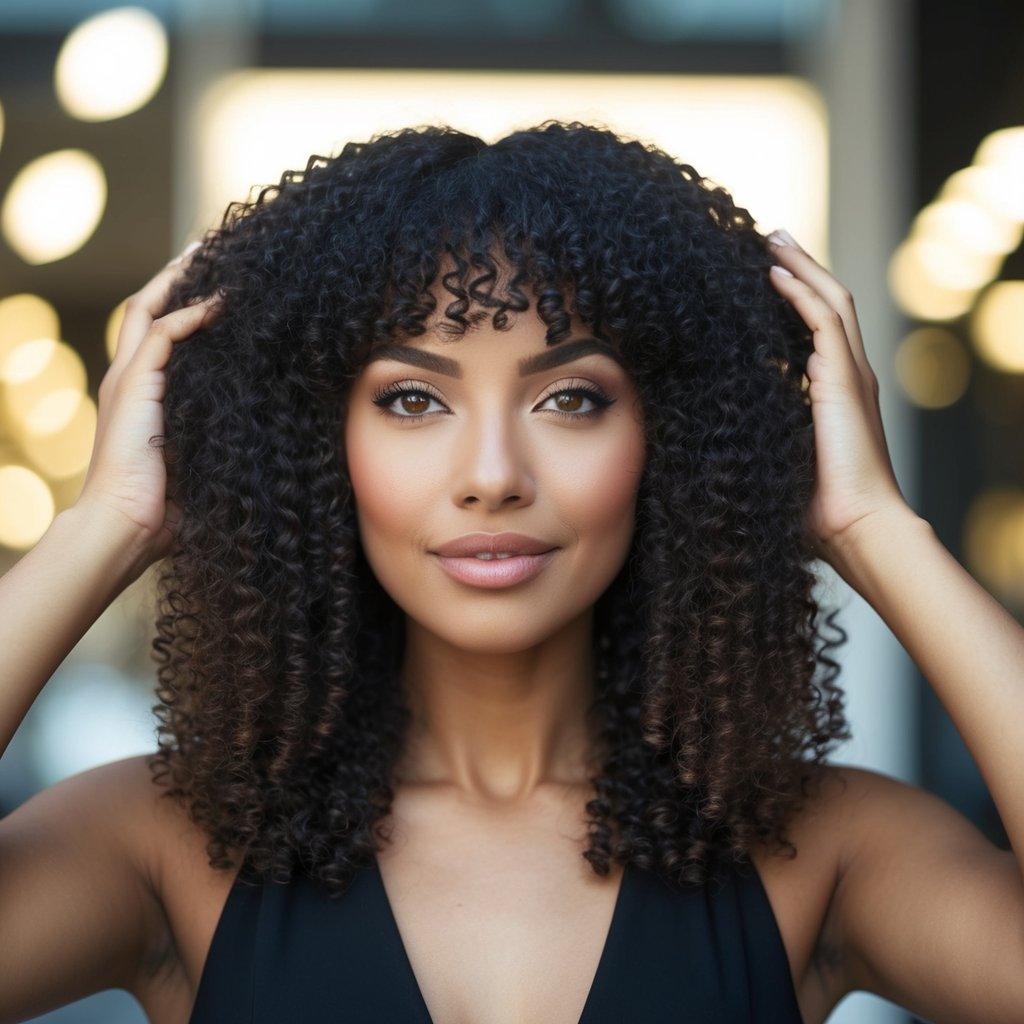 A woman's natural tight curls cascade down, framing her face with curtain bangs