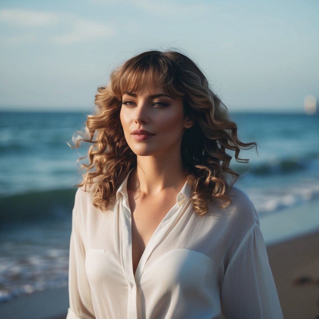 A woman with loose beach waves and blended curtain bangs walks along the shore, her curly hair catching the breeze