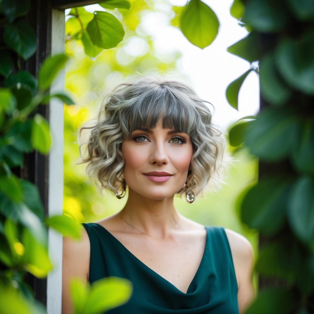 A woman with textured curly shag hair and curtain bangs, framed by lush greenery and soft natural light