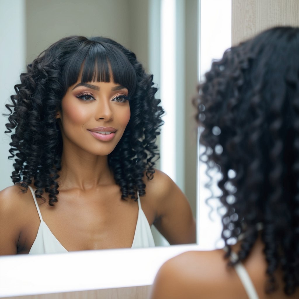 A woman with frizz-controlled curls and sleek curtain bangs poses in front of a mirror, admiring her gorgeous curly hair