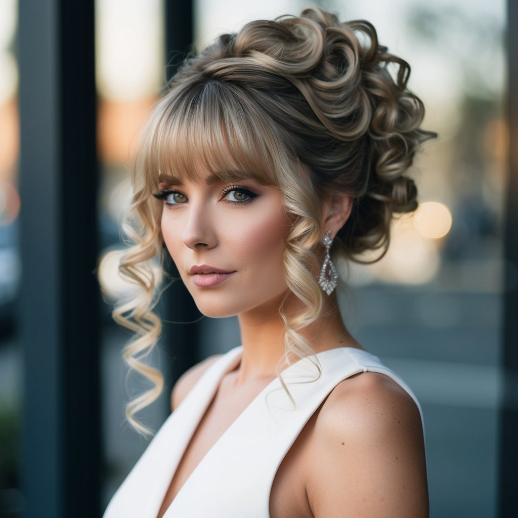 An elegant updo with curly curtain bangs cascading down