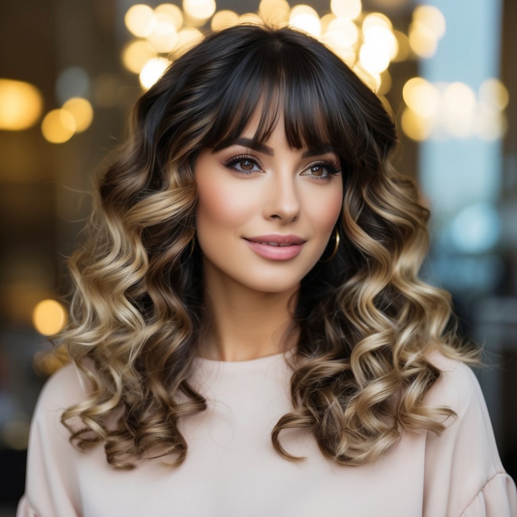 Curly hair with curtain bangs and balayage styled in a trendy and gorgeous manner