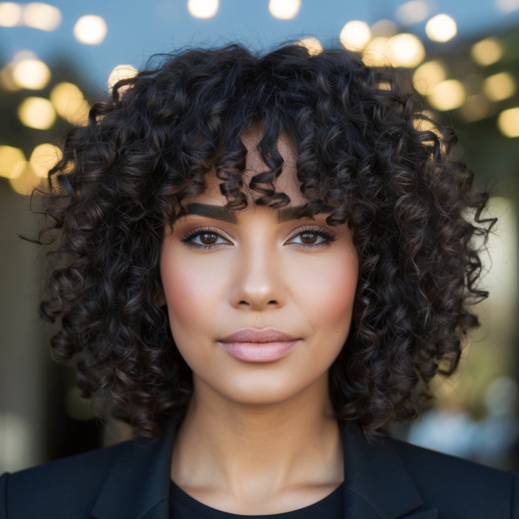 Thick, curly hair with layered curtain bangs cascading over the forehead, framing the face