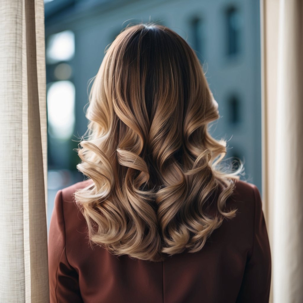 A woman's hair with subtle ombre and medium curls cascading down, framed by curtain bangs