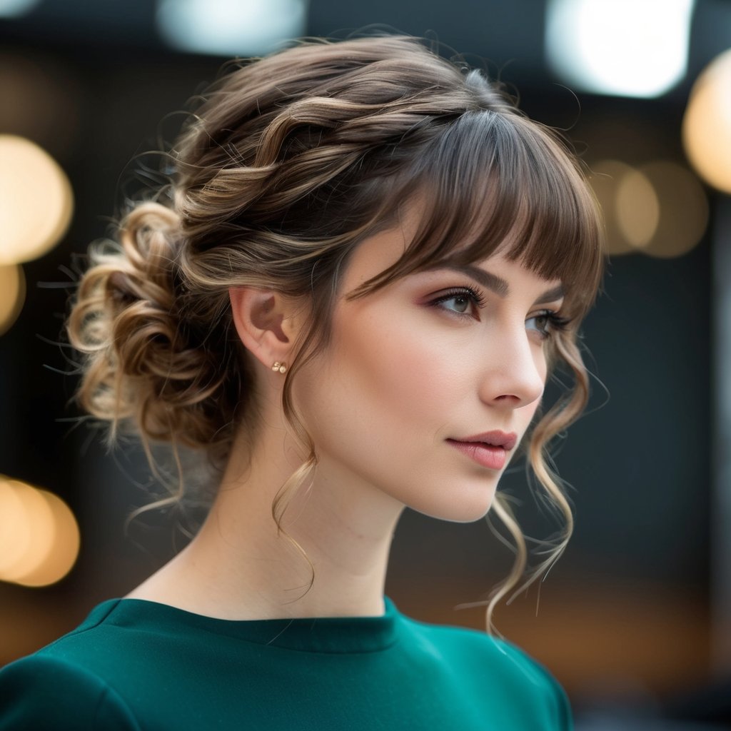 A woman's head with half-up curly hairstyle and curtain bangs