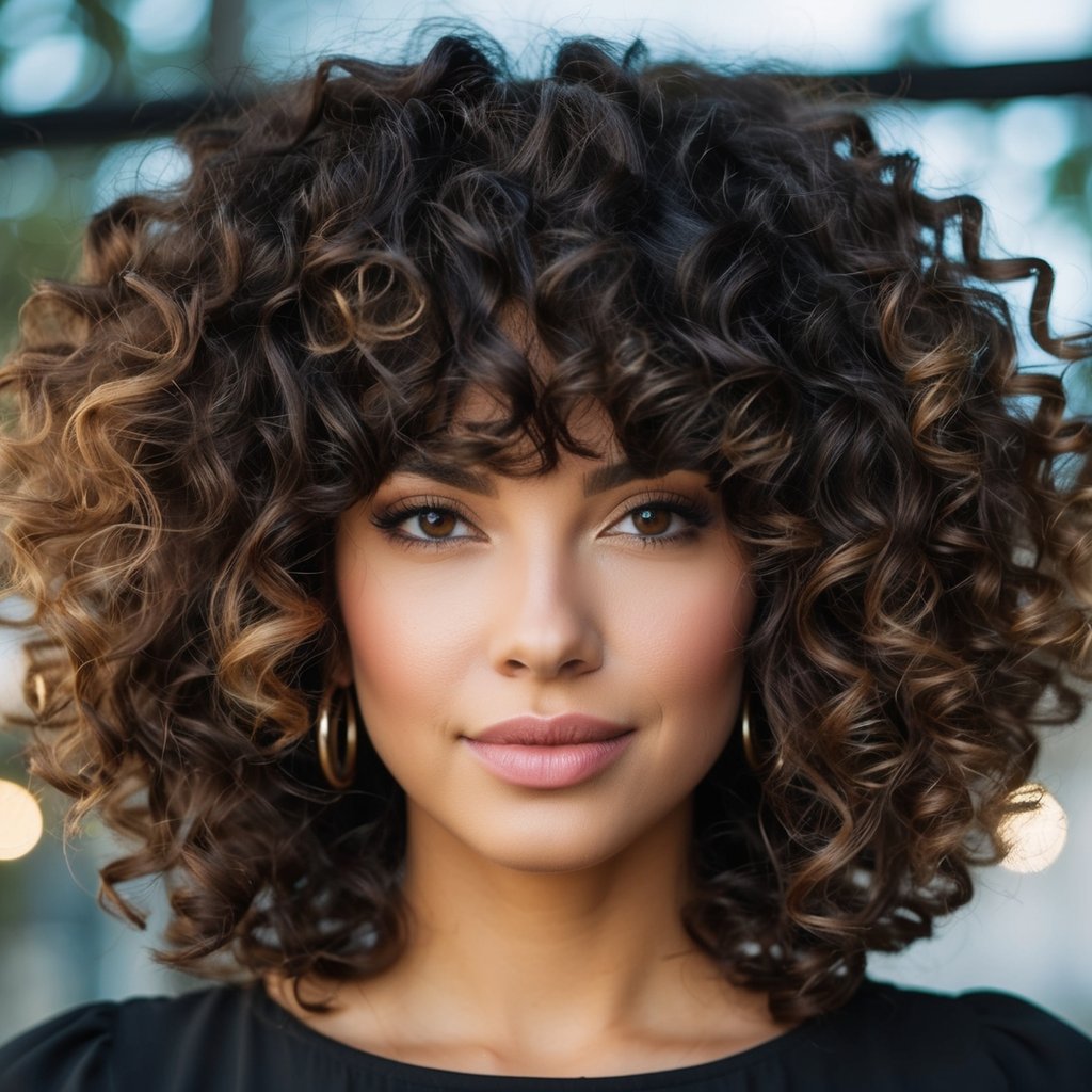 Voluminous curly hair with short curtain bangs cascading down the face