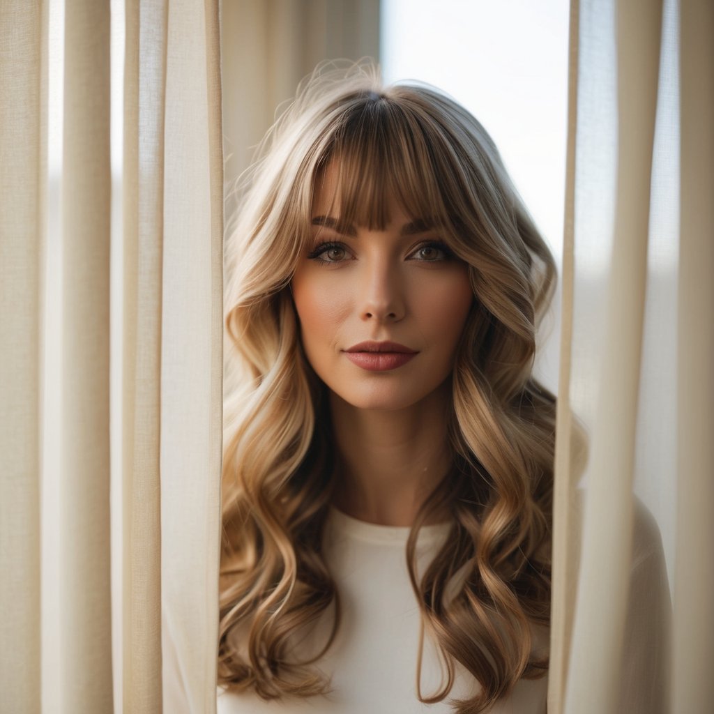 Loose curls flow from beneath light curtain bangs