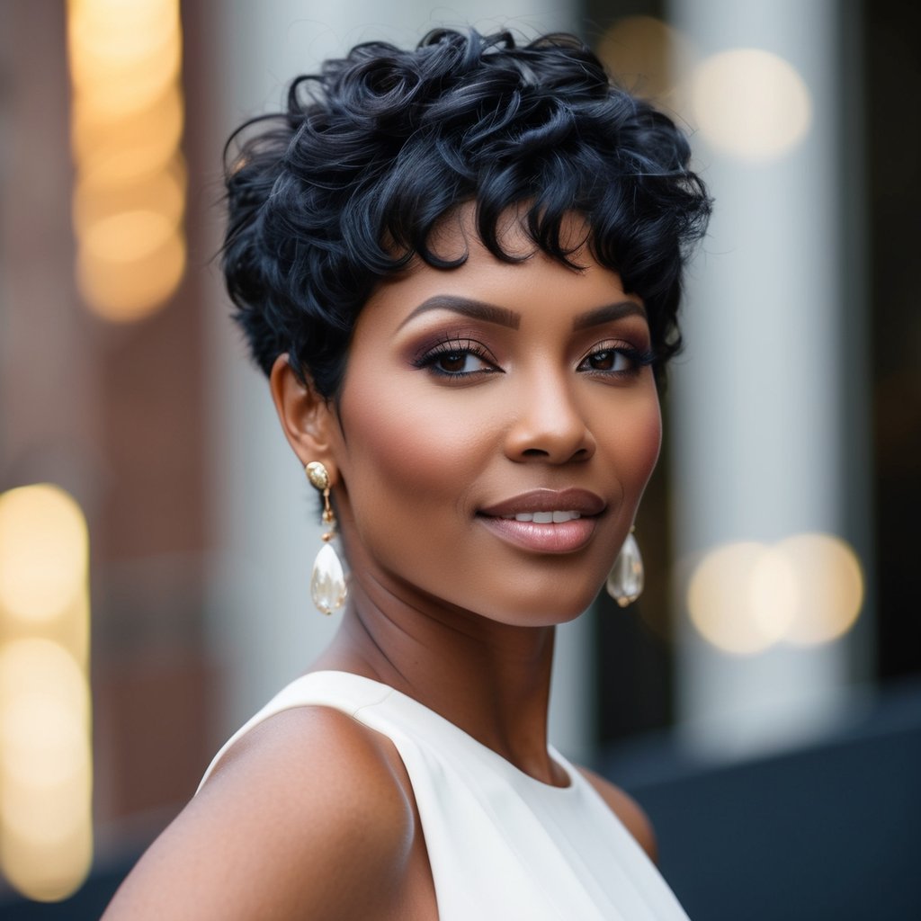 A woman with a curly pixie cut and bold curtain bangs, looking confident and stylish