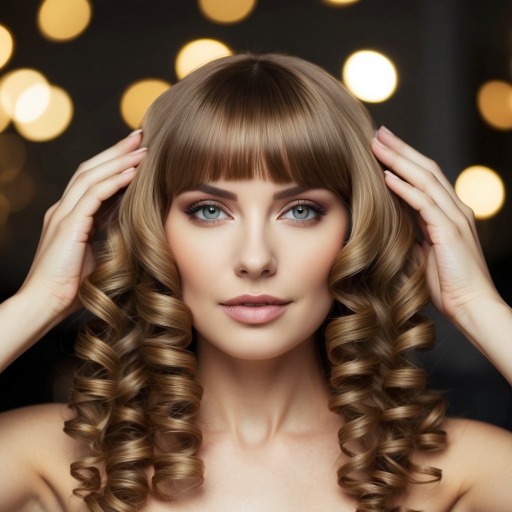Cascading curls frame a face, parted by soft curtain bangs