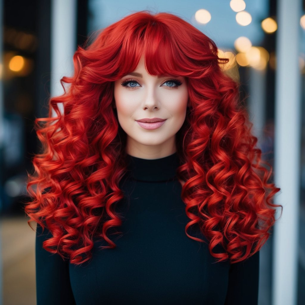 Vibrant red curly hair with curtain bangs cascading down in a beautiful and voluminous style