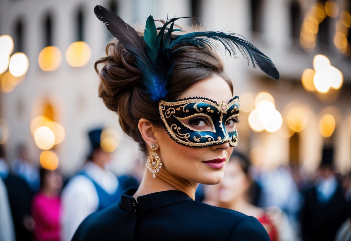 A woman's head adorned with a classic Venetian updo, featuring a feathered mask and elegant hairstyle for a masquerade ball
