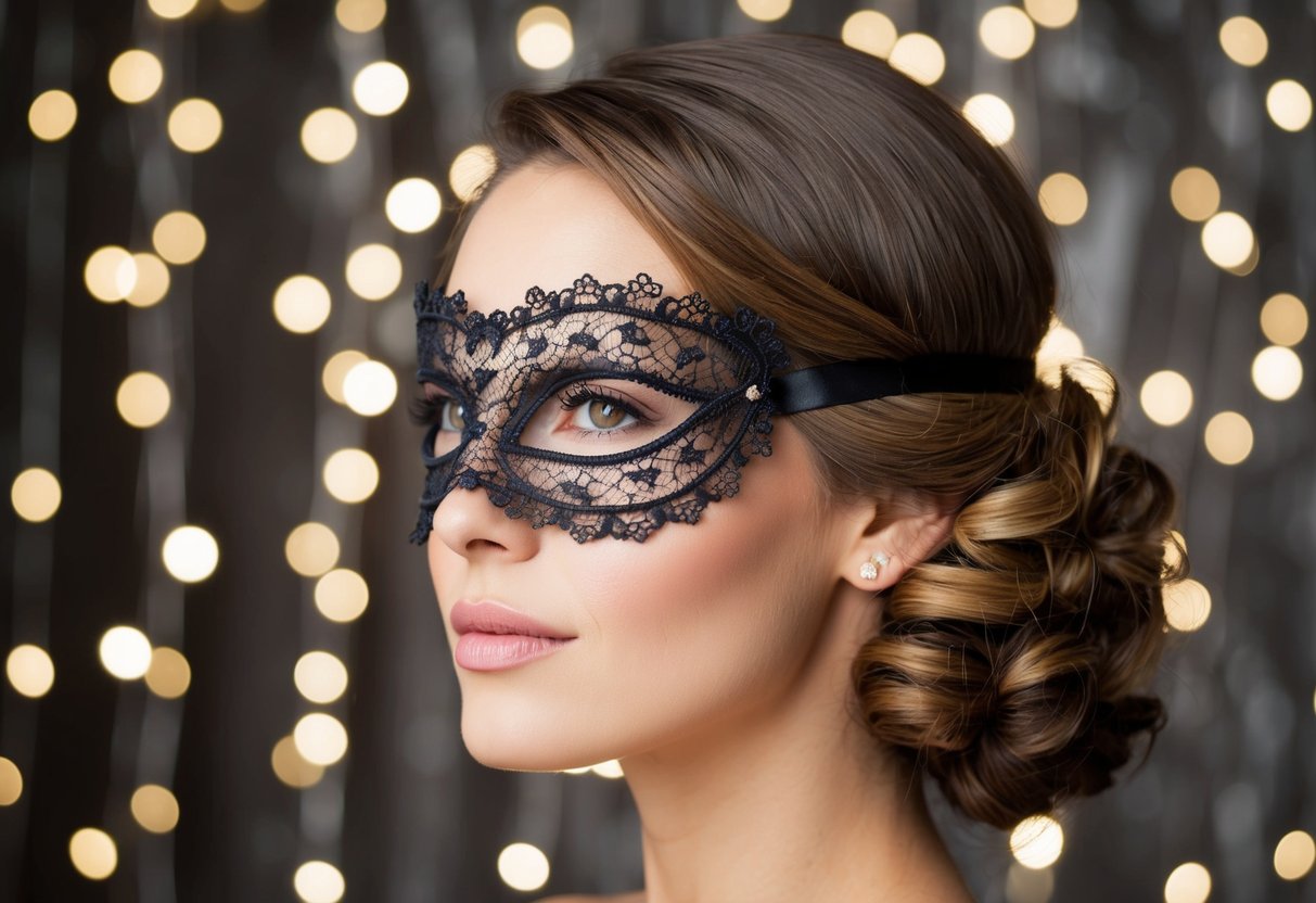 A woman's head with romantic curls adorned with a lace eye mask, set against an elegant masquerade backdrop