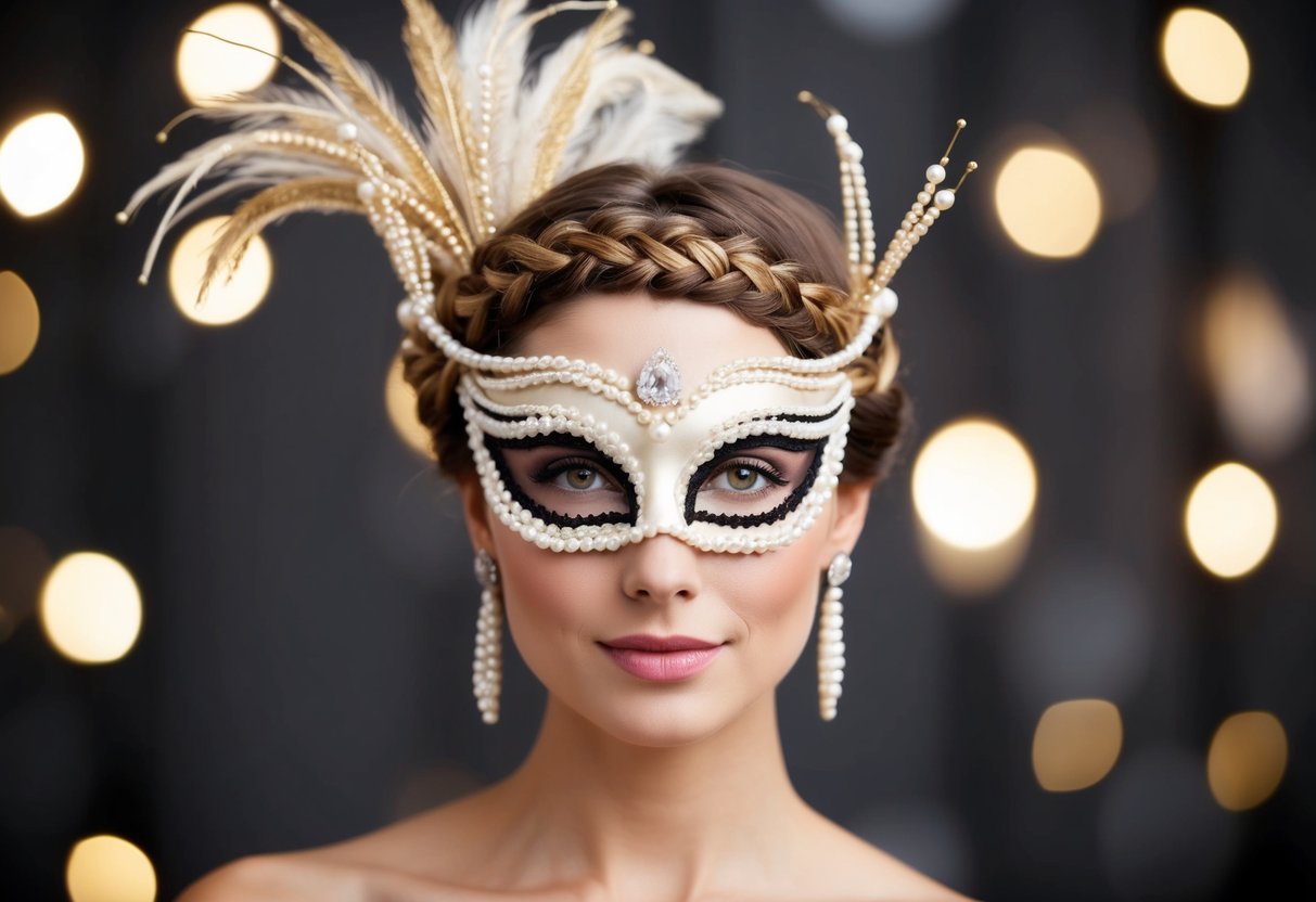 A woman's head adorned with a braided crown and delicate pearl accents, set against an elegant masquerade backdrop