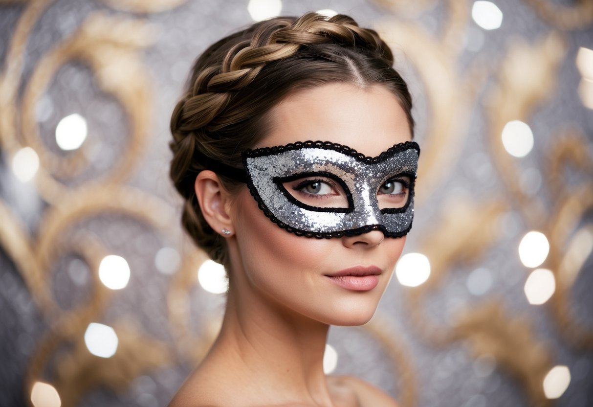 A woman's head with a twisted halo braid and a glitter mask, set against an elegant masquerade backdrop