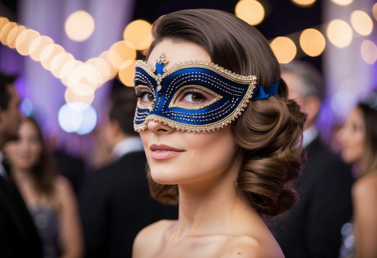 A woman with side-swept waves wearing an elegant beaded mask at a masquerade ball