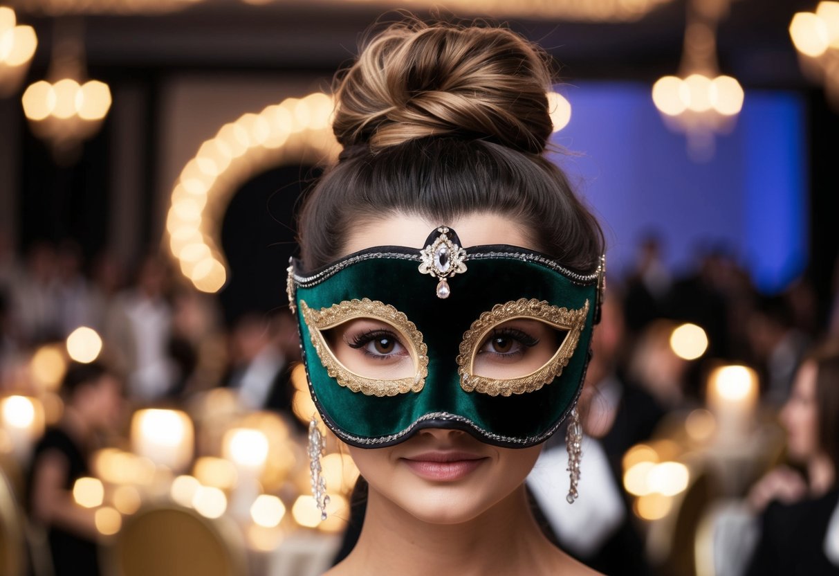 A woman's messy bun adorned with a luxurious velvet mask at an elegant masquerade ball