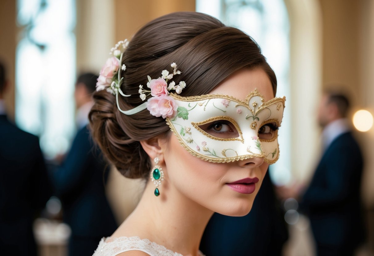 A woman's elegant chignon adorned with a delicate floral masquerade mask