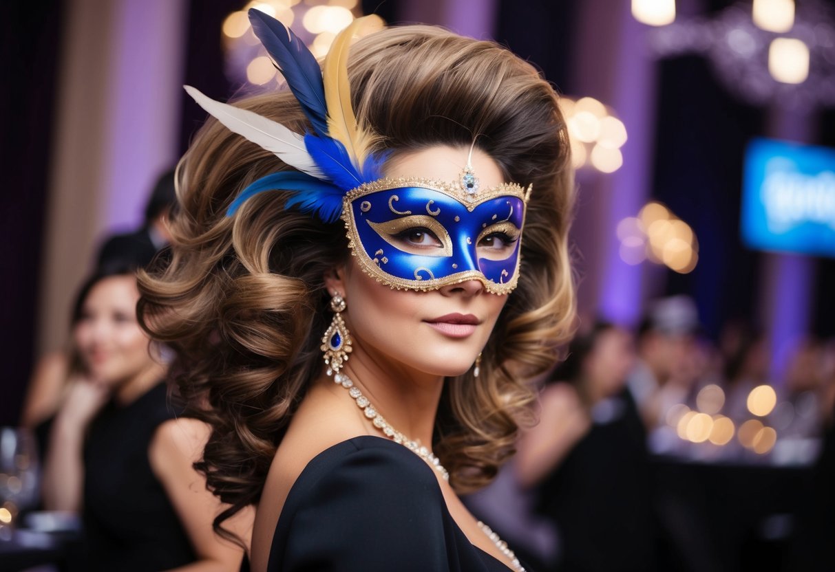 A woman with a voluminous blowout hairstyle wears an elegant feather mask at a masquerade ball