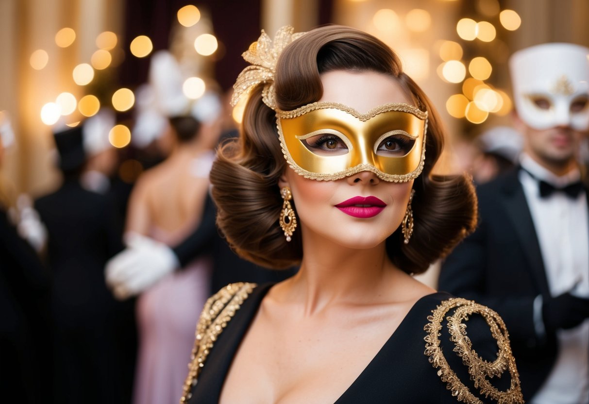 A glamorous woman with retro finger waves wears a gold dust mask at an elegant masquerade ball