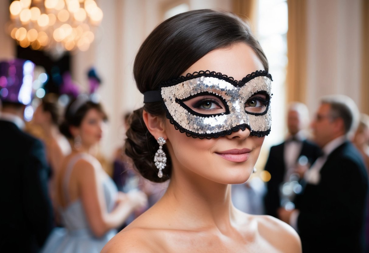 A woman's half-up, half-down hairstyle adorned with a sparkling sequin mask at an elegant masquerade ball