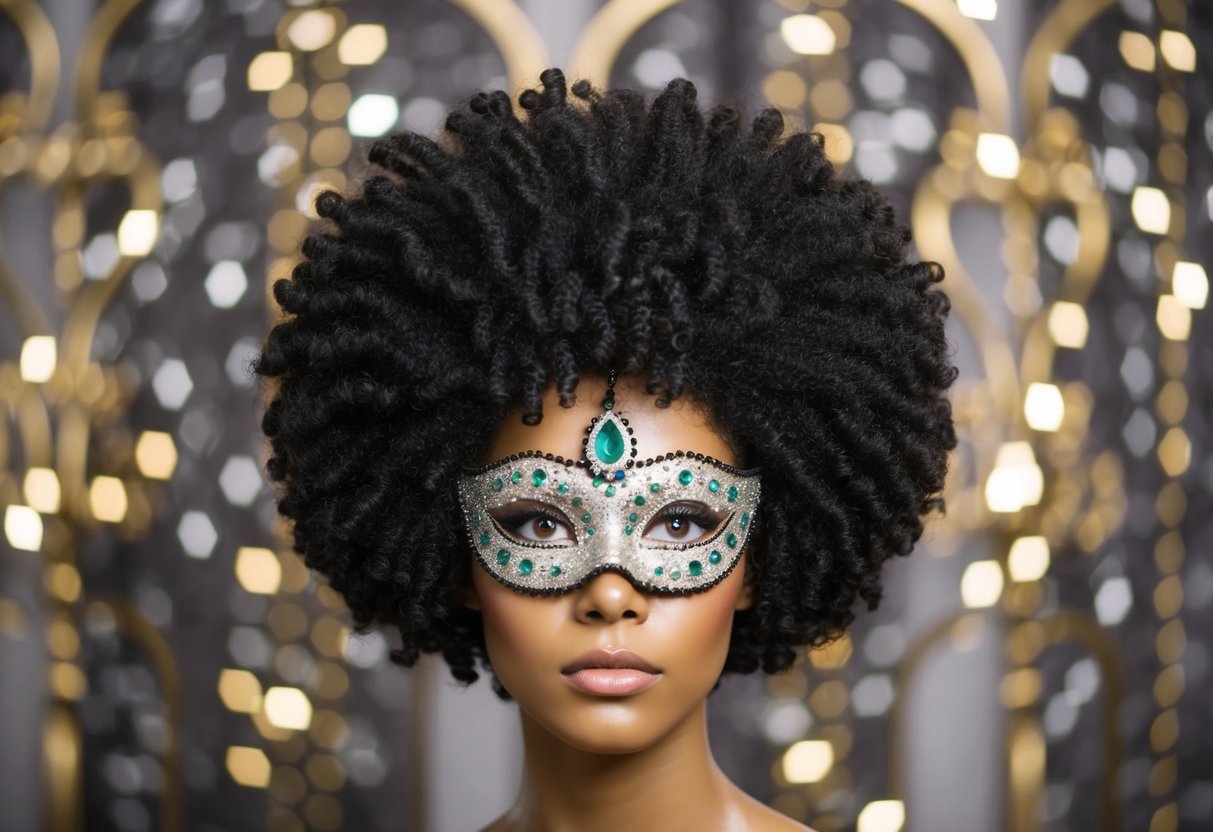A tight curled afro adorned with a gemstone mask, set against an elegant masquerade backdrop