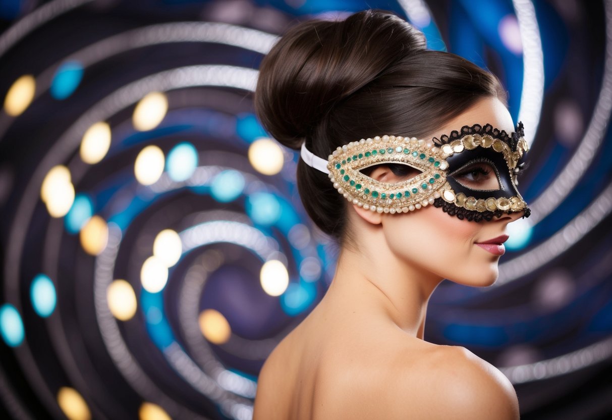 A woman's elegant top knot adorned with a jewel mask, set against a backdrop of swirling masquerade colors and patterns