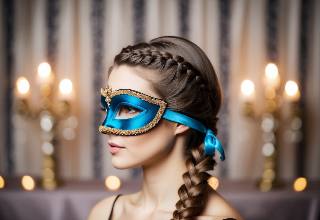 A side braid adorned with a silk mask tie, set against an elegant masquerade backdrop
