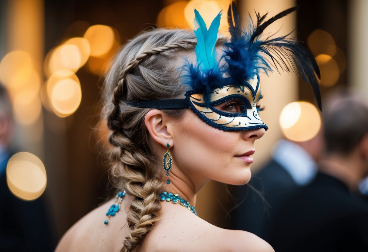 A woman's head adorned with loose braids and a feathered masquerade mask