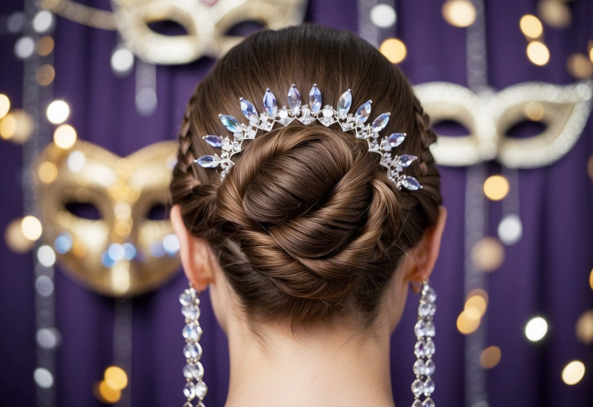 A low braided bun adorned with crystal pins, set against an elegant masquerade backdrop