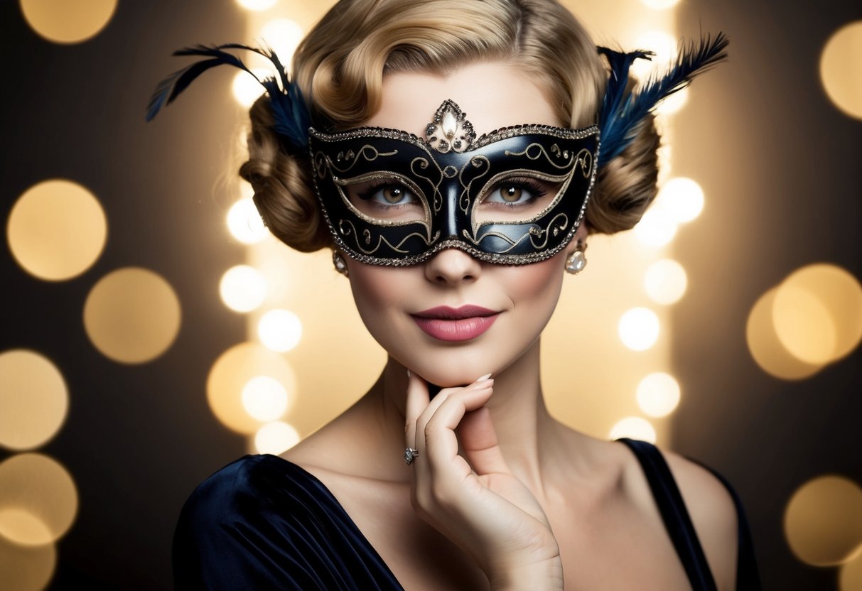 A woman with victory rolls wears an elegant masquerade mask, capturing the vintage glamour of the 1920s