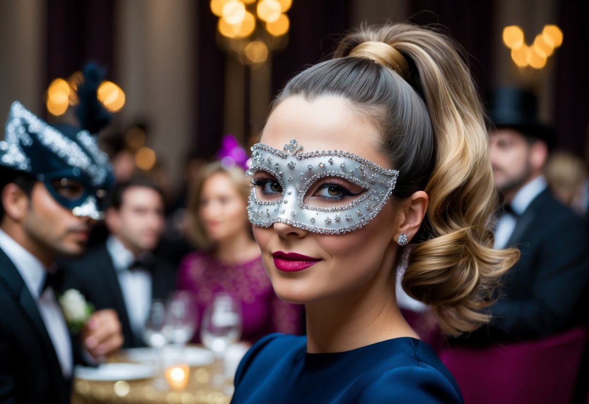A woman with a bubble ponytail wears a rhinestone mask at an elegant masquerade ball
