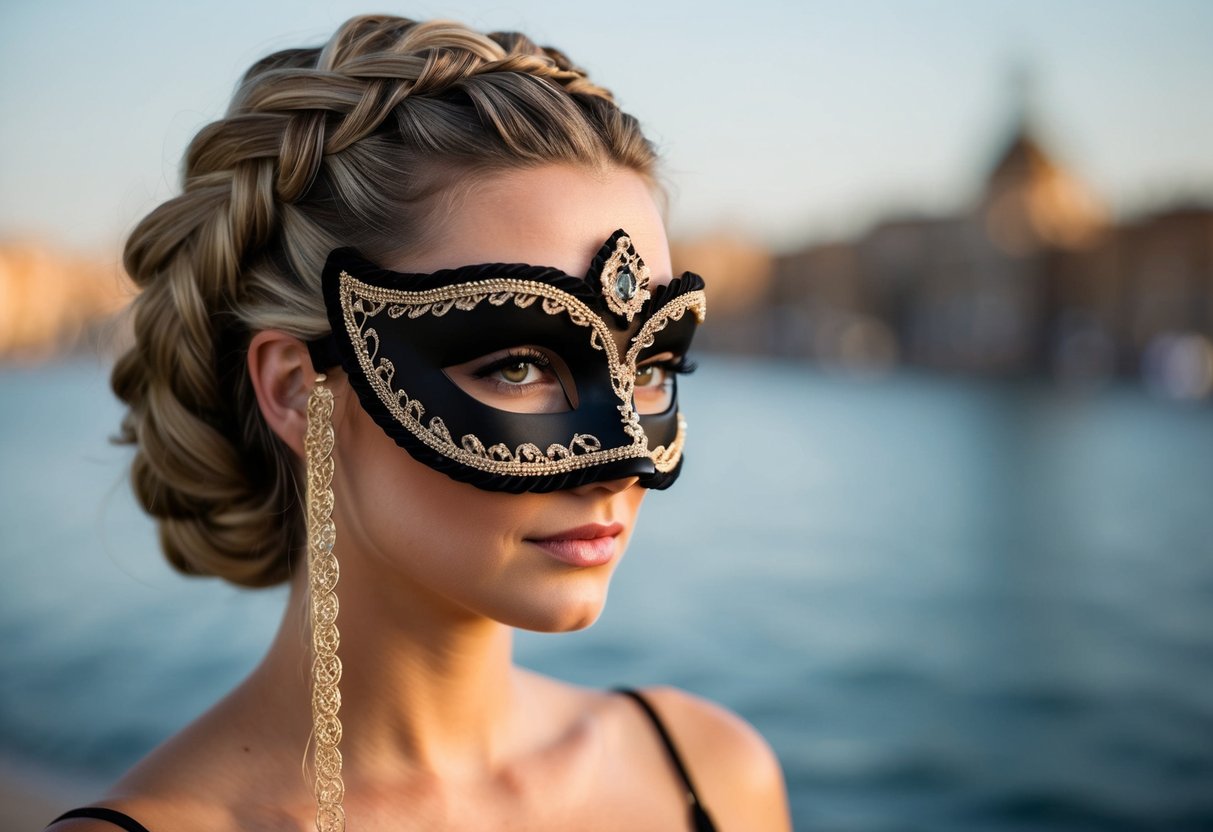 A woman with a Grecian braided updo wears an elegant masquerade mask draped with intricate details