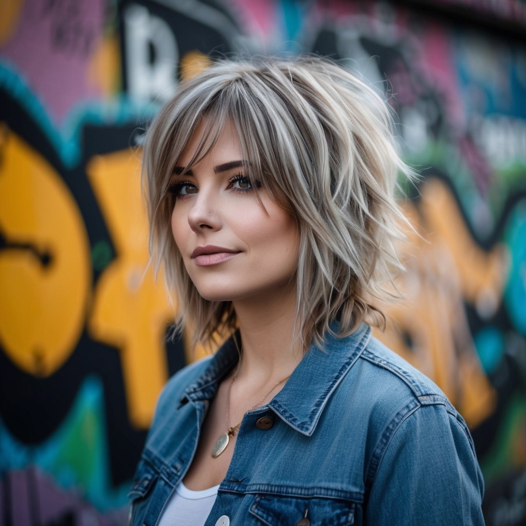 A woman with shaggy, layered hair stands in front of a graffiti-covered wall, exuding 90s grunge style
