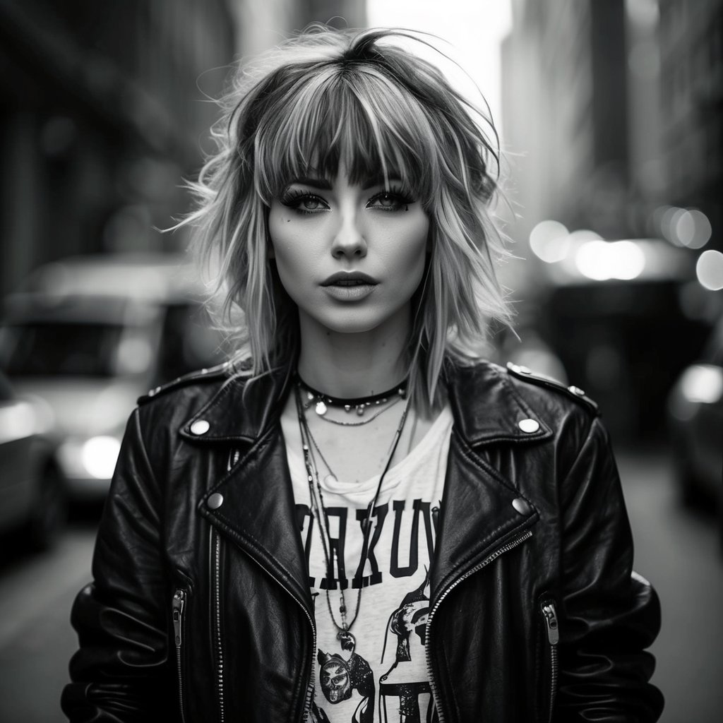 A woman with curtain bangs and messy layers, embodying the 90s grunge style, stands confidently with a rebellious attitude