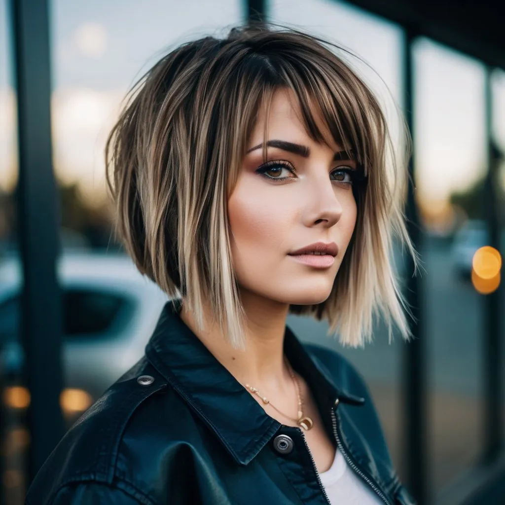 A woman with a choppy bob haircut and textured ends, embodying the trendy 90s grunge style