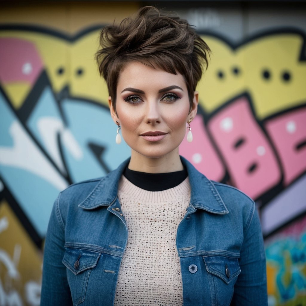 A woman with a pixie cut stands in front of a graffiti-covered wall, her hair styled in a voluminous top, capturing the trendy 90s grunge haircut style