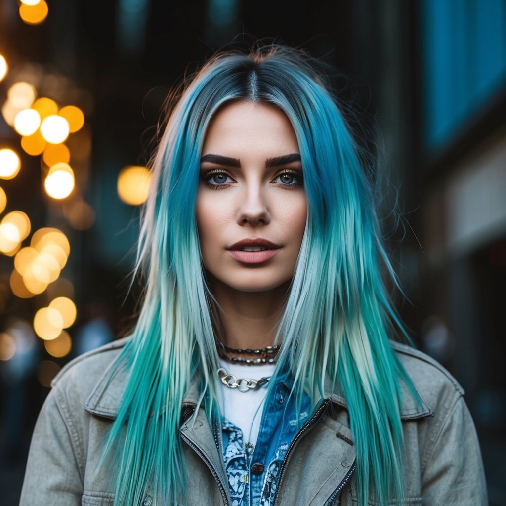 A woman with long, layered hair and a middle part, exuding a trendy 90s grunge vibe