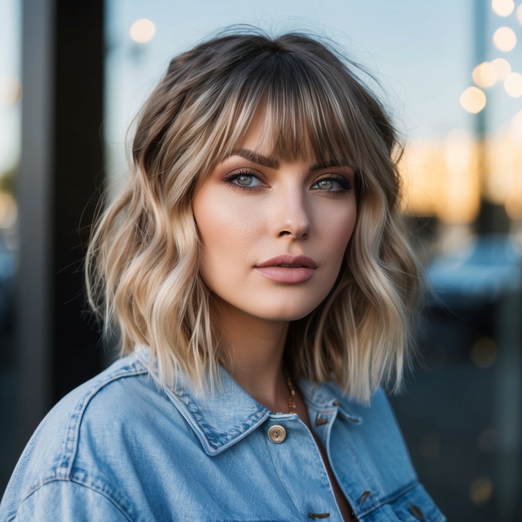 A woman with undone waves and a fringe, embodying a trendy 90s grunge haircut style