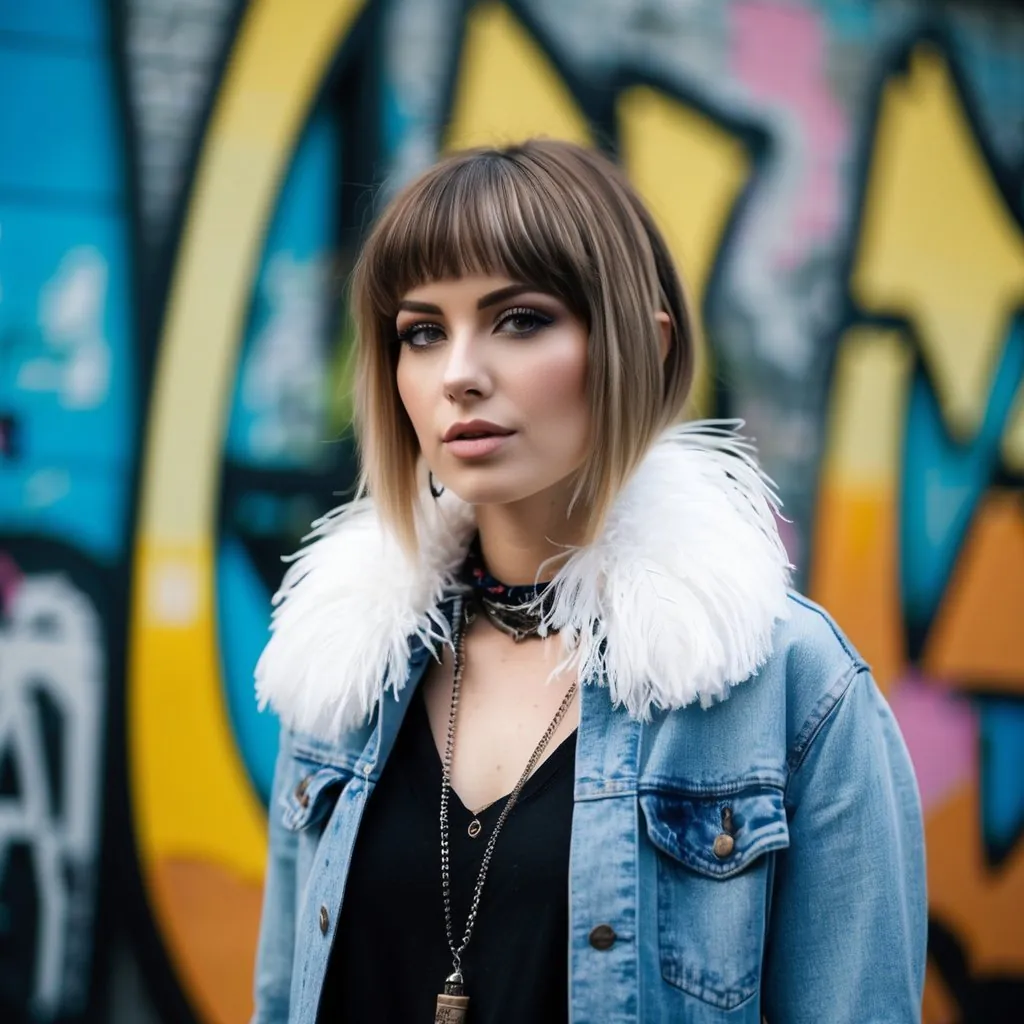 A woman with a feathered collar-length haircut, embodying 90s grunge style, standing in front of a graffiti-covered wall