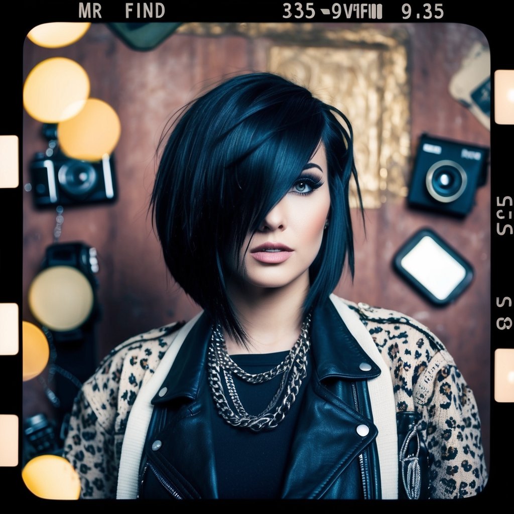 A woman with an asymmetrical bob haircut wearing 90s grunge fashion, surrounded by edgy accessories and a vintage backdrop