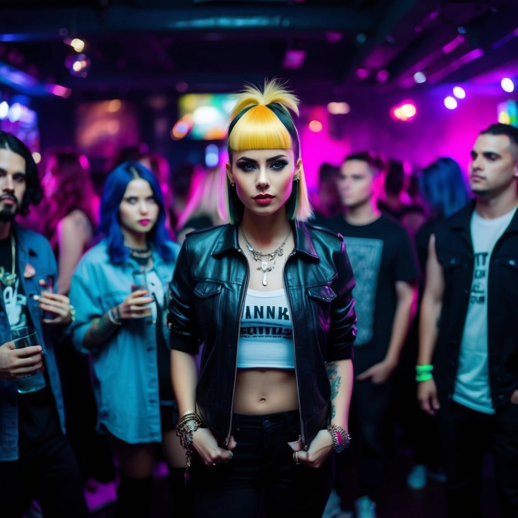 A woman with a mullet-inspired haircut stands in a dimly lit grunge club, surrounded by a crowd of edgy, 90s-inspired individuals