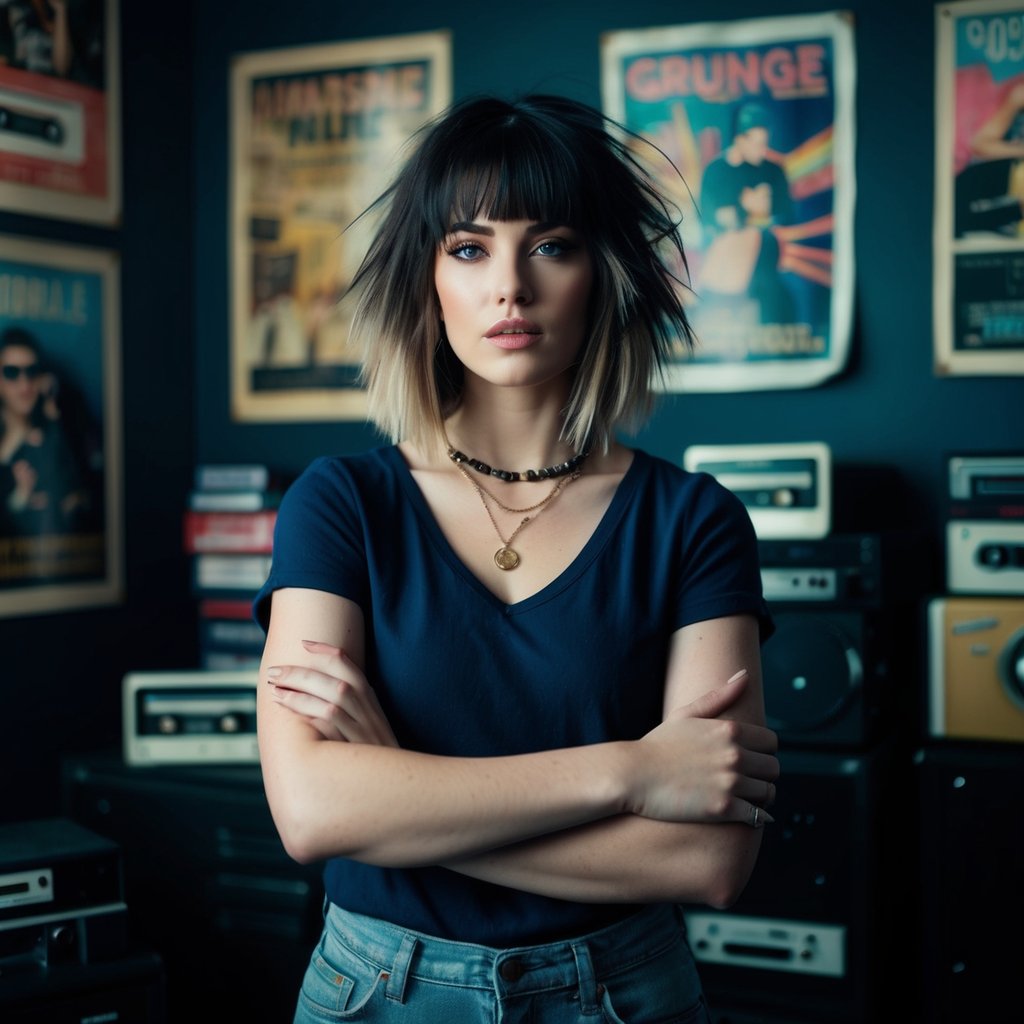 A woman with a tousled lob and bangs stands in a dimly lit 90s grunge-inspired room, surrounded by vintage posters and cassette tapes
