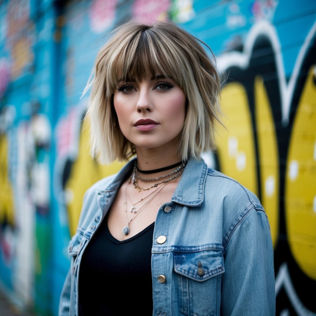 A woman with grunge shag haircut and choppy bangs, wearing 90s style clothes, stands in front of a graffiti-covered wall
