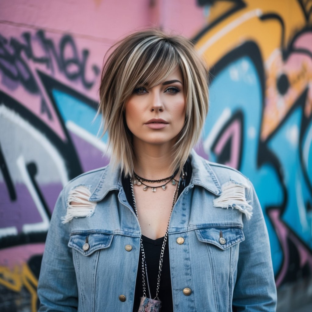 A woman with layered hair and side bangs stands in front of a graffiti-covered wall, exuding 90s grunge style with her edgy haircut
