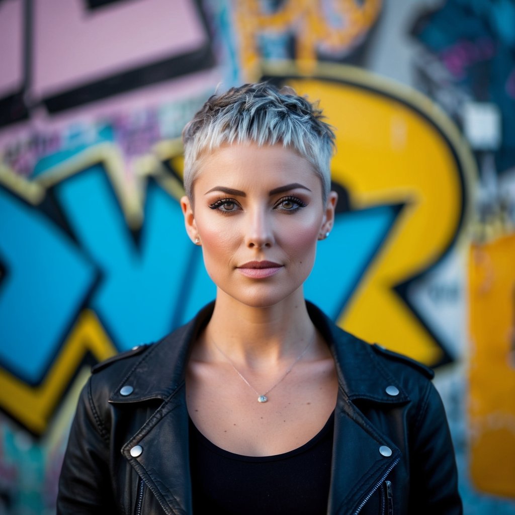 A woman with a cropped, textured haircut stands in front of a graffiti-covered wall, exuding 90s grunge style