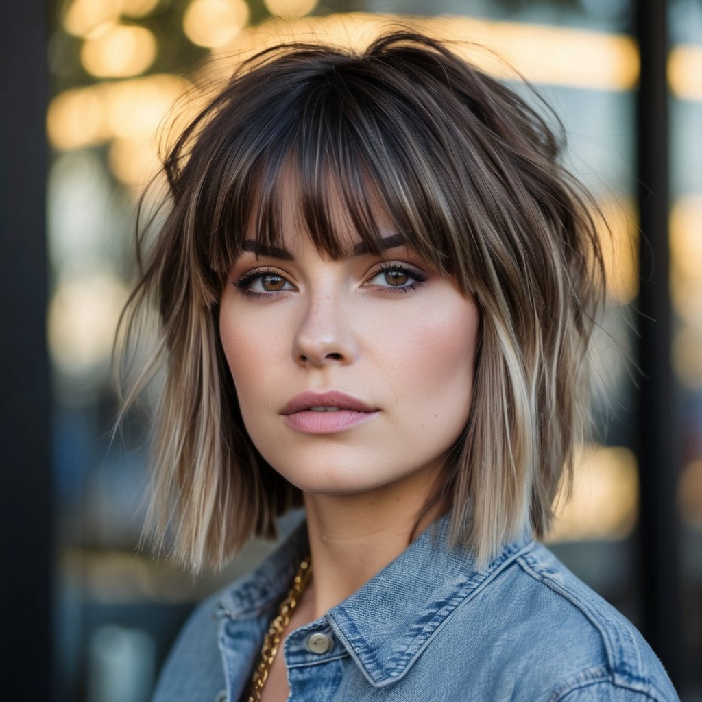 A disheveled bob with thick bangs styled in a trendy 90s grunge haircut
